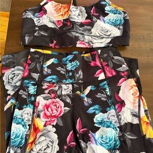 ZYIA Active Black Floral & Hummingbird Print Set